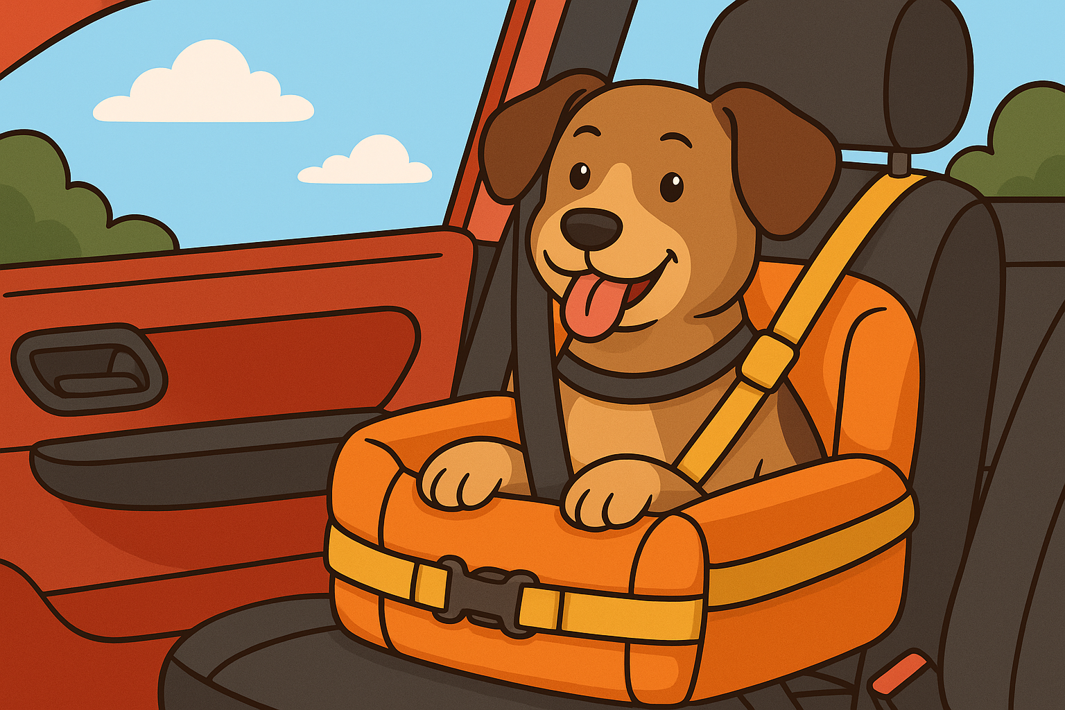 A cartoon-style illustration of a brown and white dog looking out of a car window, with a travel bag, seatbelt harness, and blanket nearby — perfect visual for a blog post on dog car travel tips, featuring safe travel, comfort, and road trip essentials for small dogs.