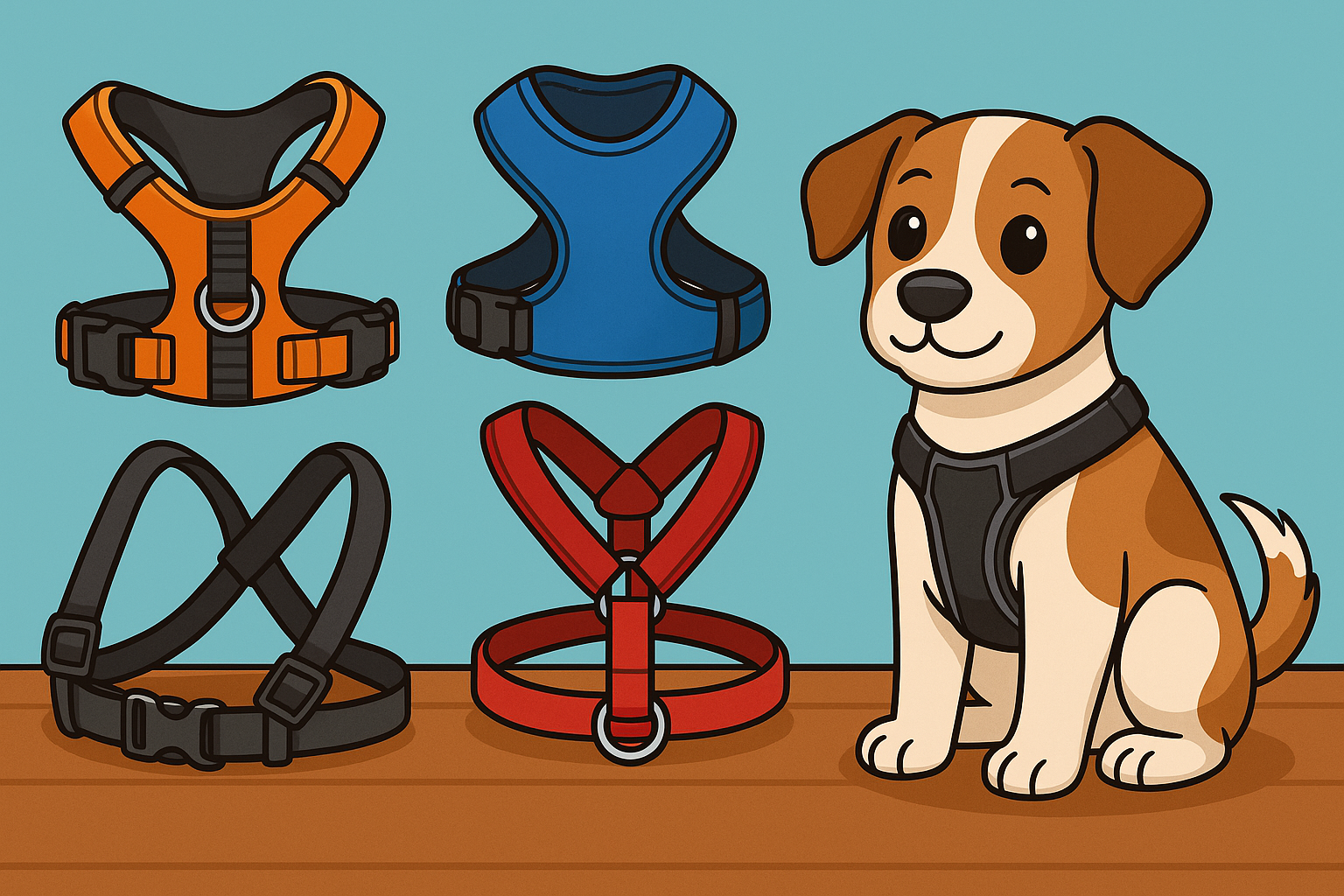 Cartoon illustration of four dog harness styles and a happy brown and white dog, representing a visual guide for choosing the best dog harness.