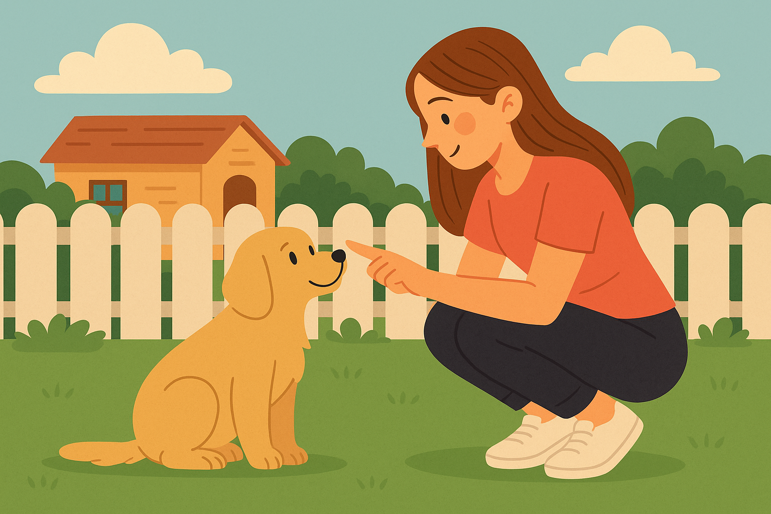 A simple cartoon-style illustration of a young woman smiling while sitting with her small dog in a cozy living room, symbolizing bonding and learning moments for first-time dog parents.