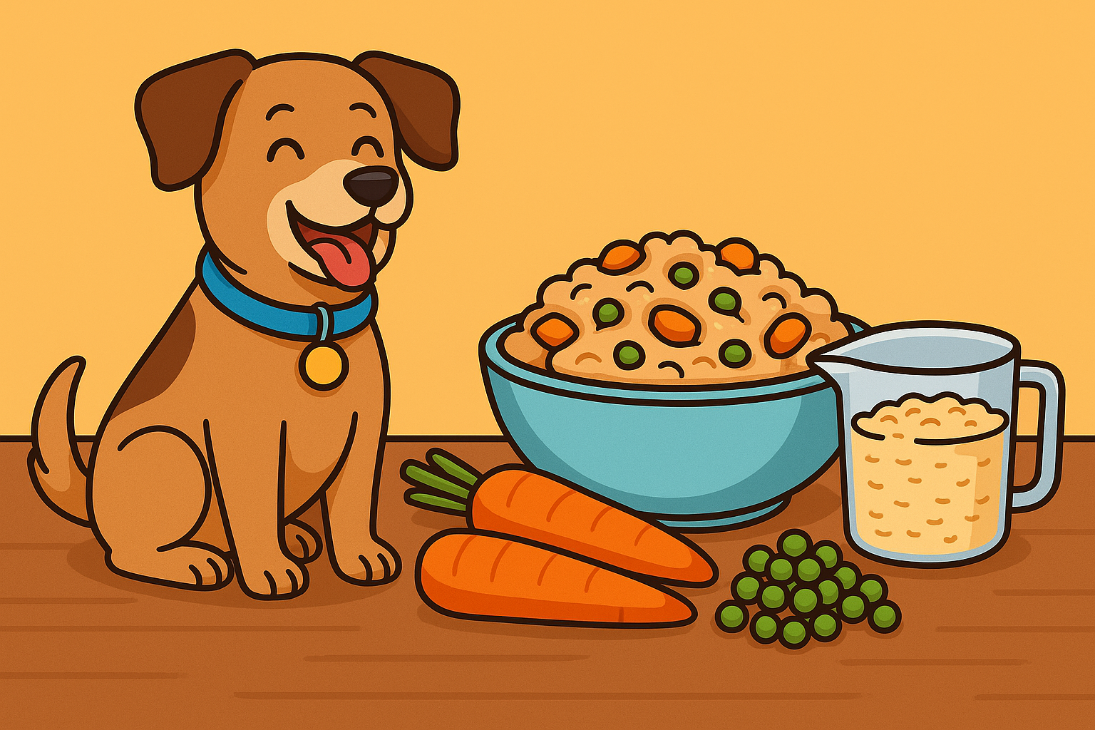 Illustration of a bowl filled with homemade dog food with carrots, peas, and rice, surrounded by fresh ingredients like chopped vegetables and a wooden spoon on a kitchen counter. Perfect visual for healthy homemade dog meals, fresh dog food recipes, and nutritious dog diet ideas.