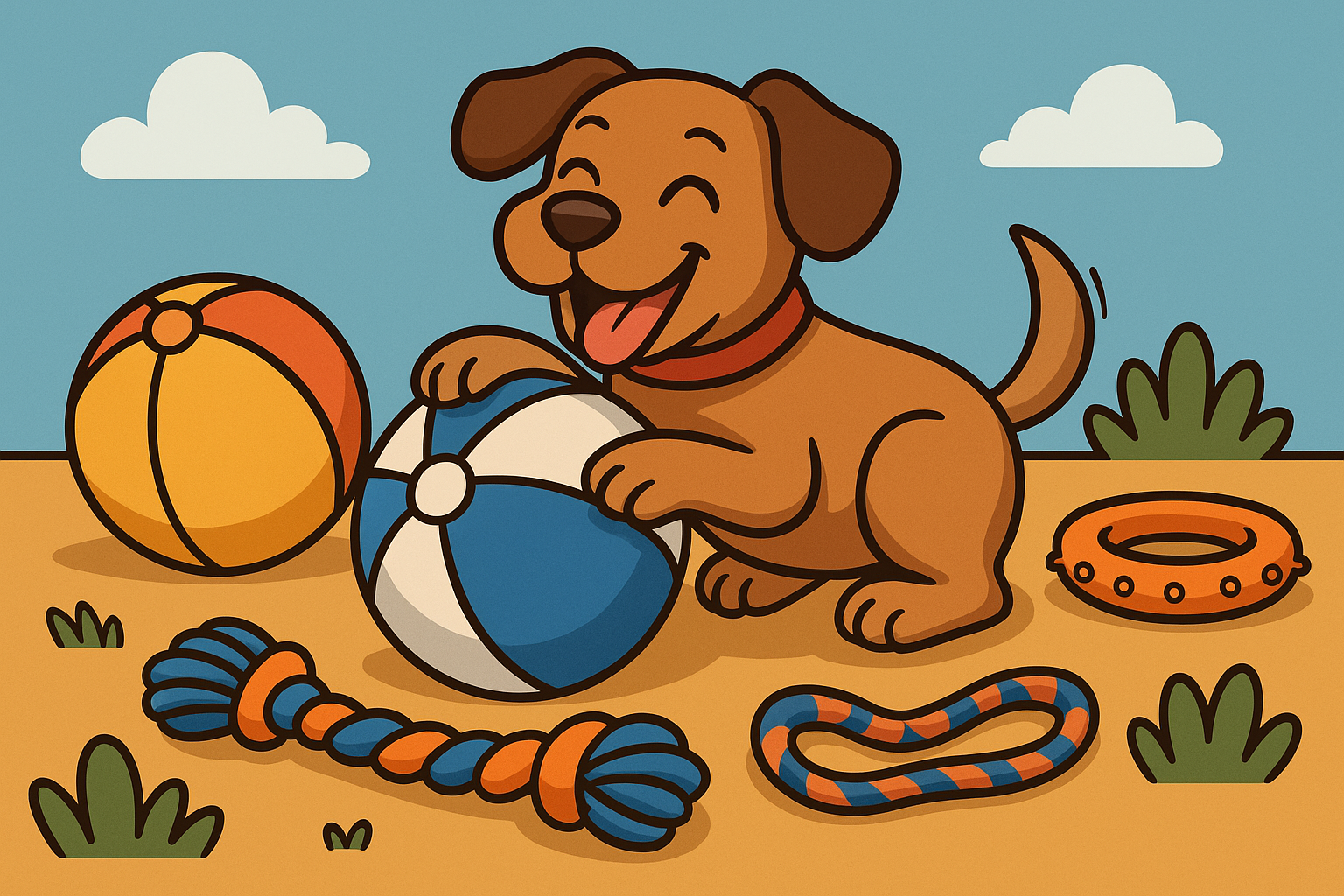 A cartoon-style image of a happy brown dog playing with summer dog toys outdoors, including a beach ball, rope toy, and ring toy — perfect for highlighting the best summer dog toy ideas for fun, cooling, and outdoor play.