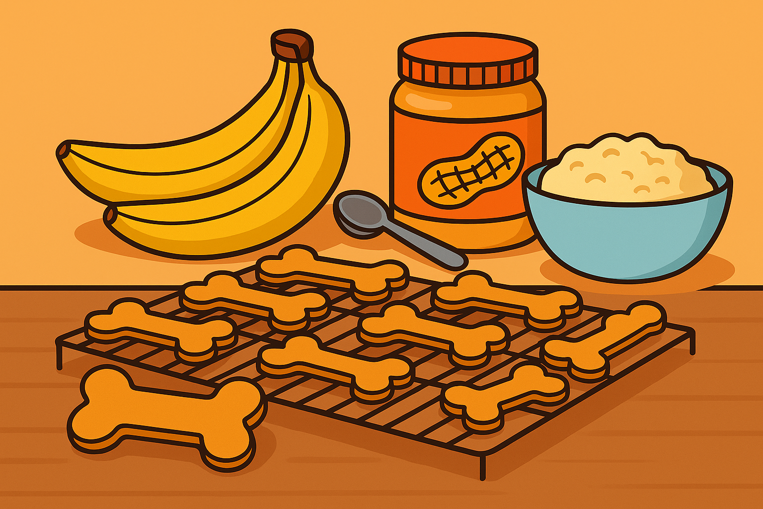 Cartoon-style image of banana dog treats made with peanut butter, oats, and bananas, illustrating homemade dog treat recipes for healthy snacks.