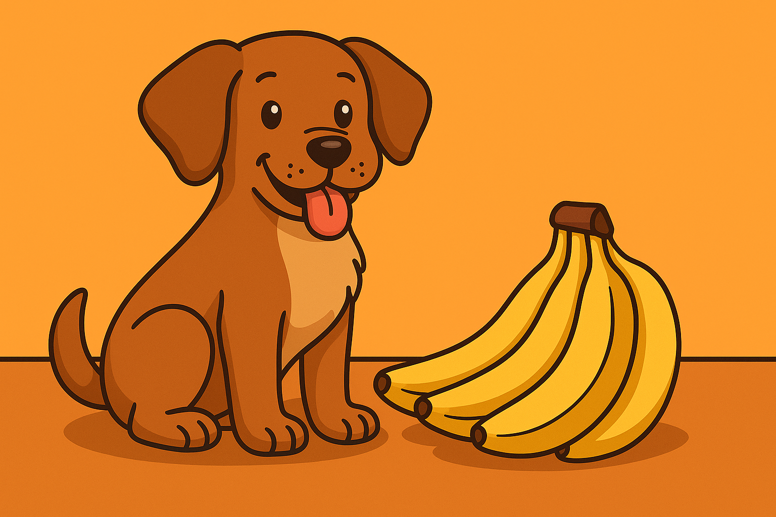 Cartoon-style illustration of a curious dog sitting near a sliced banana on a kitchen floor, representing the topic "can dogs eat bananas" and exploring safe fruits for dogs and healthy dog snacks.