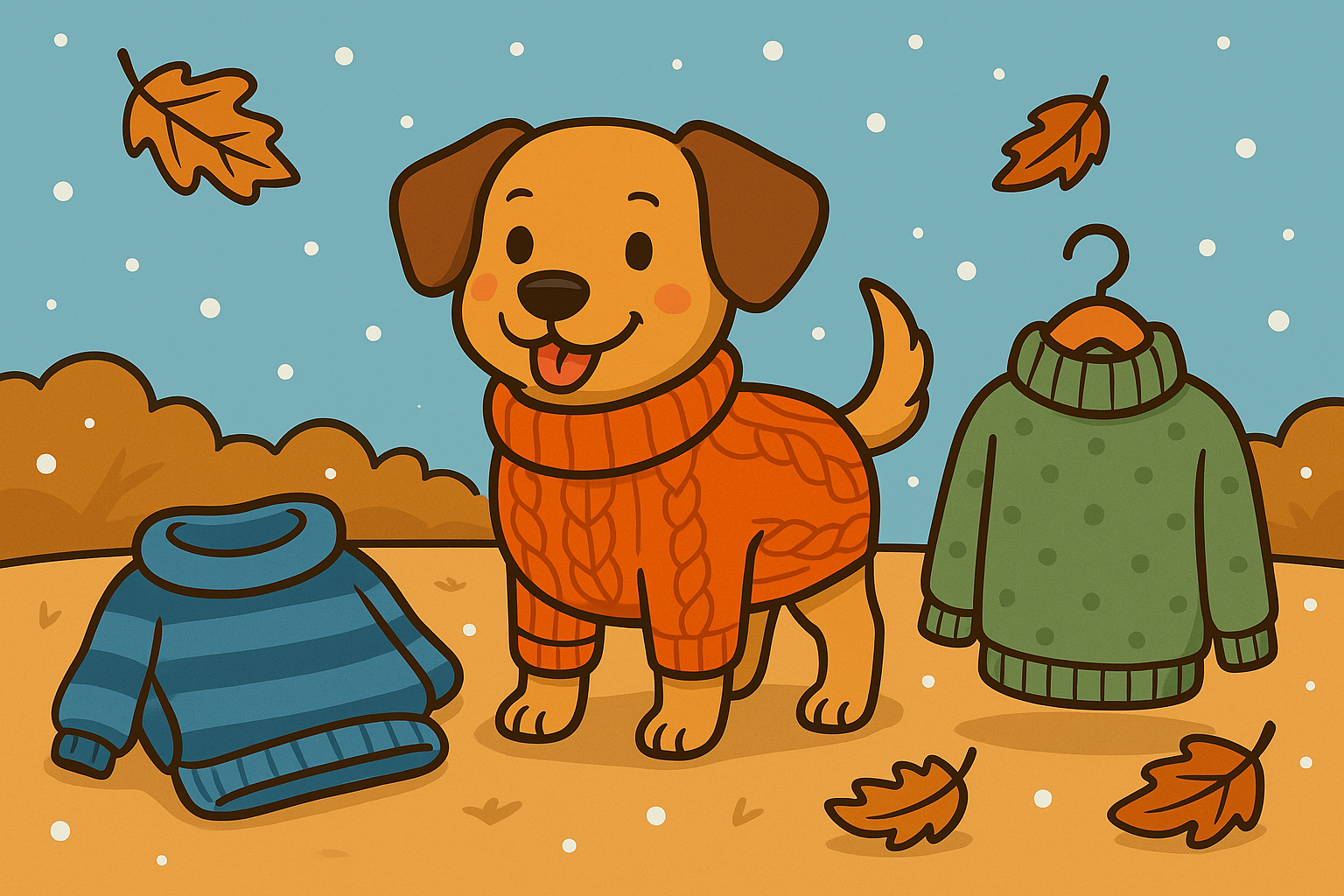 Cartoon dog wearing an orange sweater outdoors with extra dog sweaters nearby, representing the best dog sweaters for small dogs
