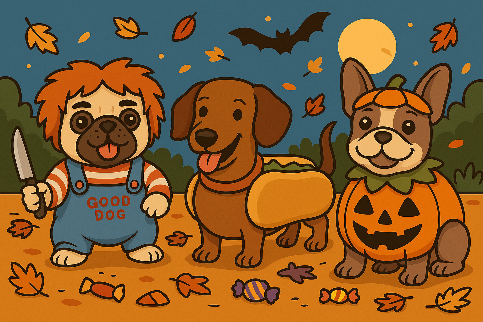 Cartoon illustration of small dogs dressed in Halloween costumes, including pumpkin, hot dog, and Chucky, representing the best Halloween costumes for small dogs.