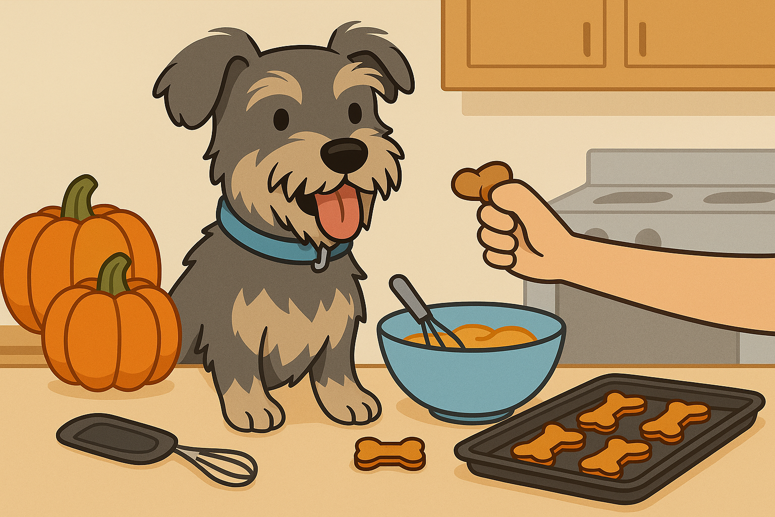 Cartoon-style illustration of a happy small Schnauzer wearing a blue collar in a kitchen, surrounded by baking supplies and pumpkins while making pumpkin dog treats.