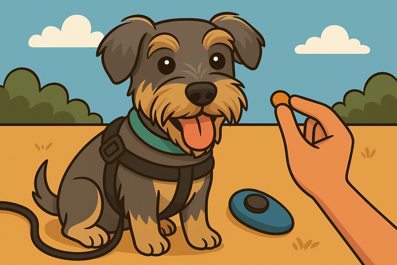 Cartoon-style illustration of a small Schnauzer mix named Louie sitting outdoors during small dog training, looking happy and attentive as a trainer offers a treat with a clicker nearby.